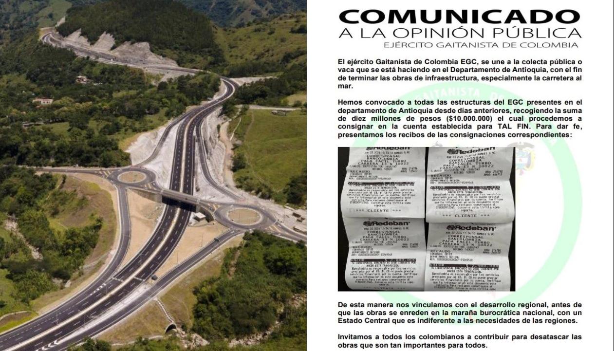 El Clan del Golfo se une a la causa de obras 4G en Antioquia con donación millonaria