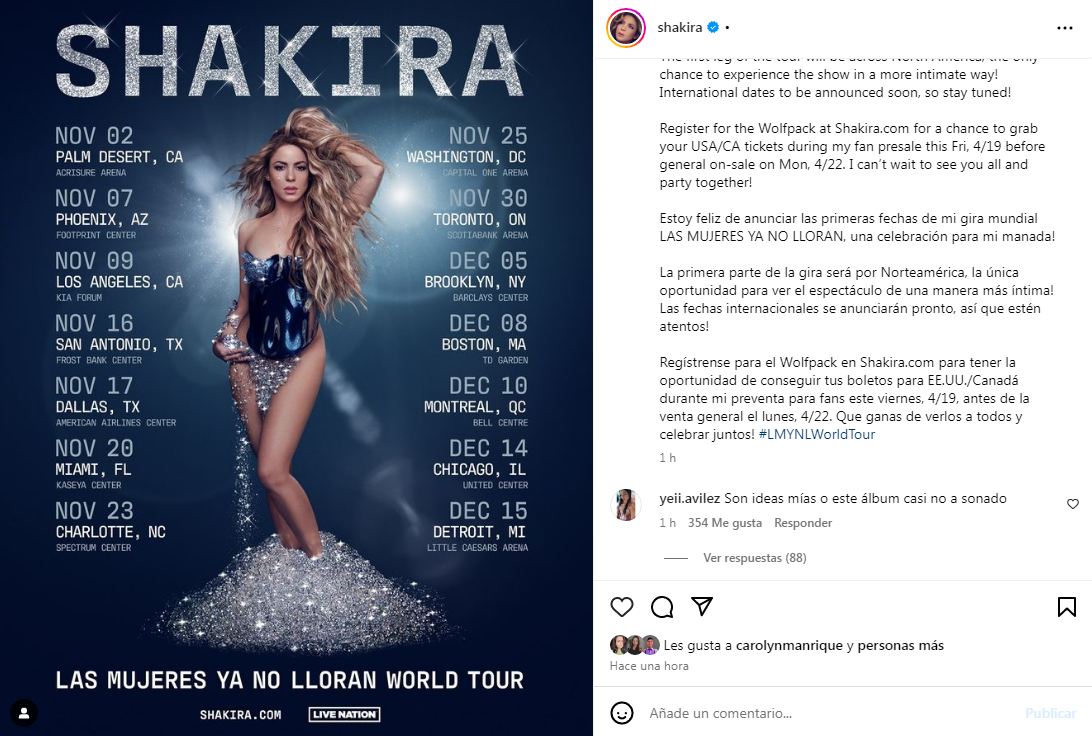 Shakira anuncia emocionantes fechas en Estados Unidos para su gira 'Las Mujeres Ya No Lloran'